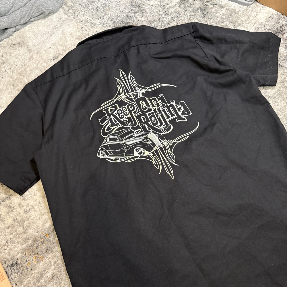 Dickies Mens Black Short Sleeve Work Shirt Keep On Rollin Hot Rod Graphic Large